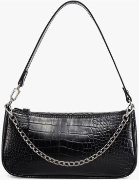 Black Croc-Embossed Shoulder Bag with Chain Accent